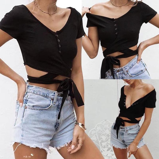 Cotton Women Tied Waist Brand Fashion T Shirt Cropped Button Open Chest T Shirts Tops