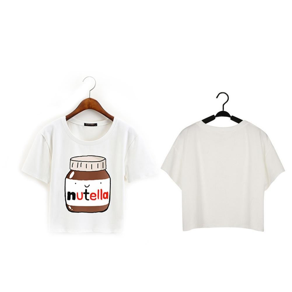 Summer T shirt Nutella Print White Crop Tops Short Sleeve T shirts Fitness Women